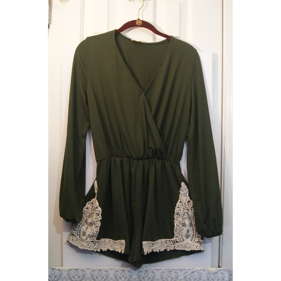 Alter'd State Small Green Romper Lace Detailing & Gathered Long Sleeves Olive - Picture 3 of 9